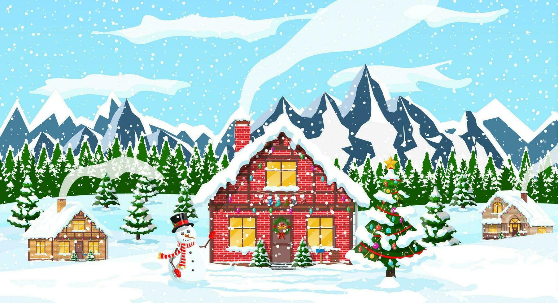 Vorort- Häuser bedeckt Schnee. Gebäude im Urlaub Ornament. Weihnachten Landschaft Baum Fichte, Schneemann. glücklich Neu Jahr Dekoration. fröhlich Weihnachten Urlaub. Neu Jahr Weihnachten Feier. Vektor Illustration