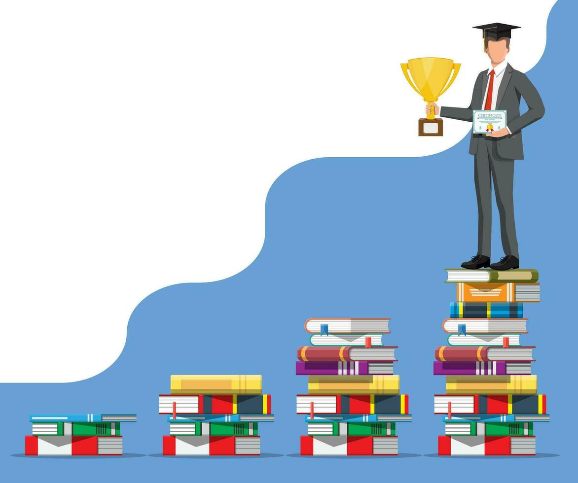 affärsman på stack av böcker. företag man med trofé. utbildning och studie. företag Framgång, triumf, mål eller prestation. vinnande av konkurrens. vektor illustration platt stil