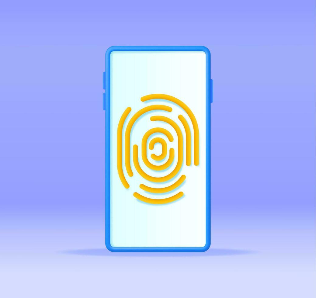 3d fingeravtryck på mobil telefon isolerat. framställa finger skriva ut och smartphone. Identifiering och tillstånd systemet. fingeravtryck för id, pass, Ansökan, biometrisk skanna. vektor illustration