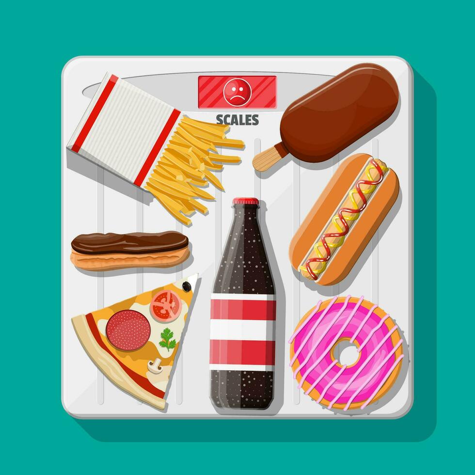 övervikt på badrum skala, snabb mat på golv. pizza, varmkorv, munk, is grädde, pommes frites, cola. friska livsstil diet, rätt näring, fetma överätande. platt vektor illustration