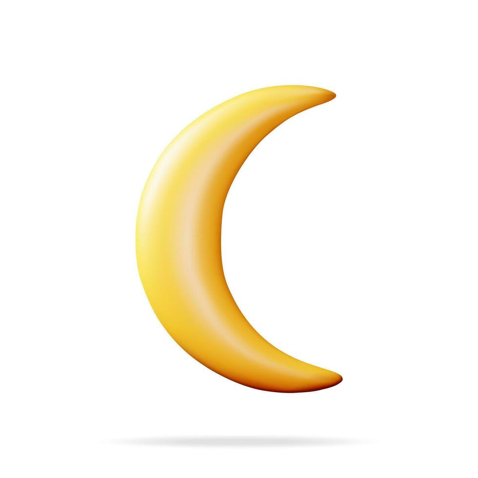 3d Halbmond Mond Symbol isoliert auf Weiß. machen Gelb glänzend Hälfte Mond Symbol. Nacht oder Abend unterzeichnen. Muslim Feiertage. Karikatur Vektor Illustration
