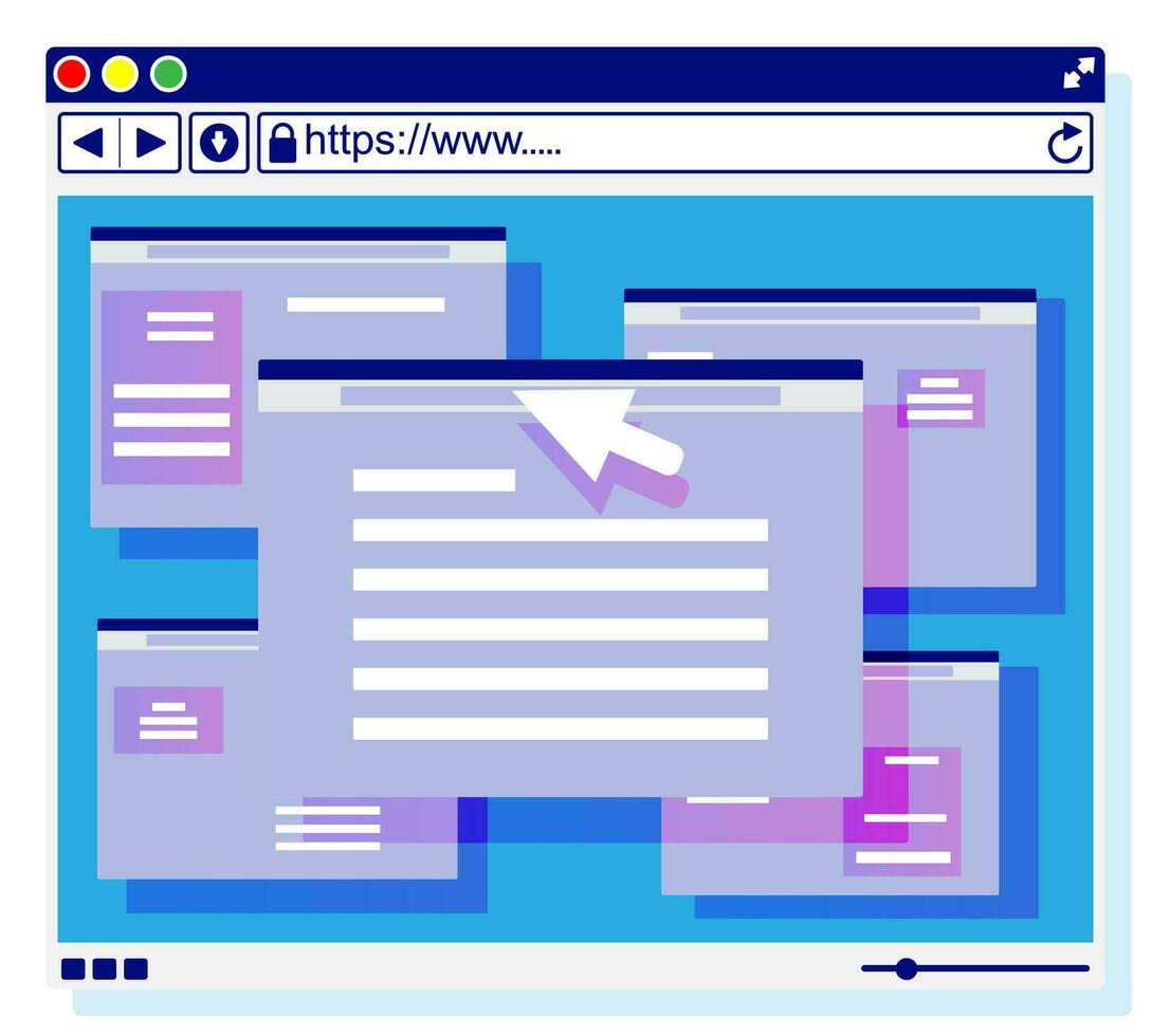 browser fönster. rörelse systemet användare gränssnitt, gui. dator programvara. webb webbplats och mus markören. abstrakt bakgrund med ui panel. platt vektor illustration