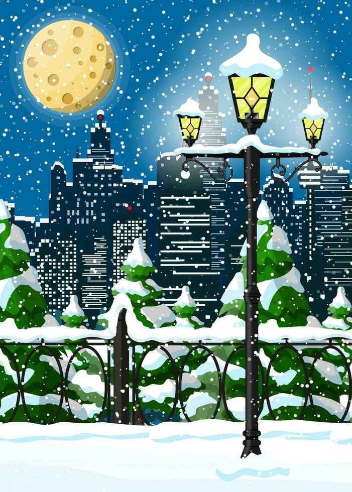 jul vinter- stadsbild, snöflingor och träd. stad parkera snö gränd och byggnader. Lycklig ny år dekoration. glad jul Semester. ny år och xmas firande. vektor illustration platt stil