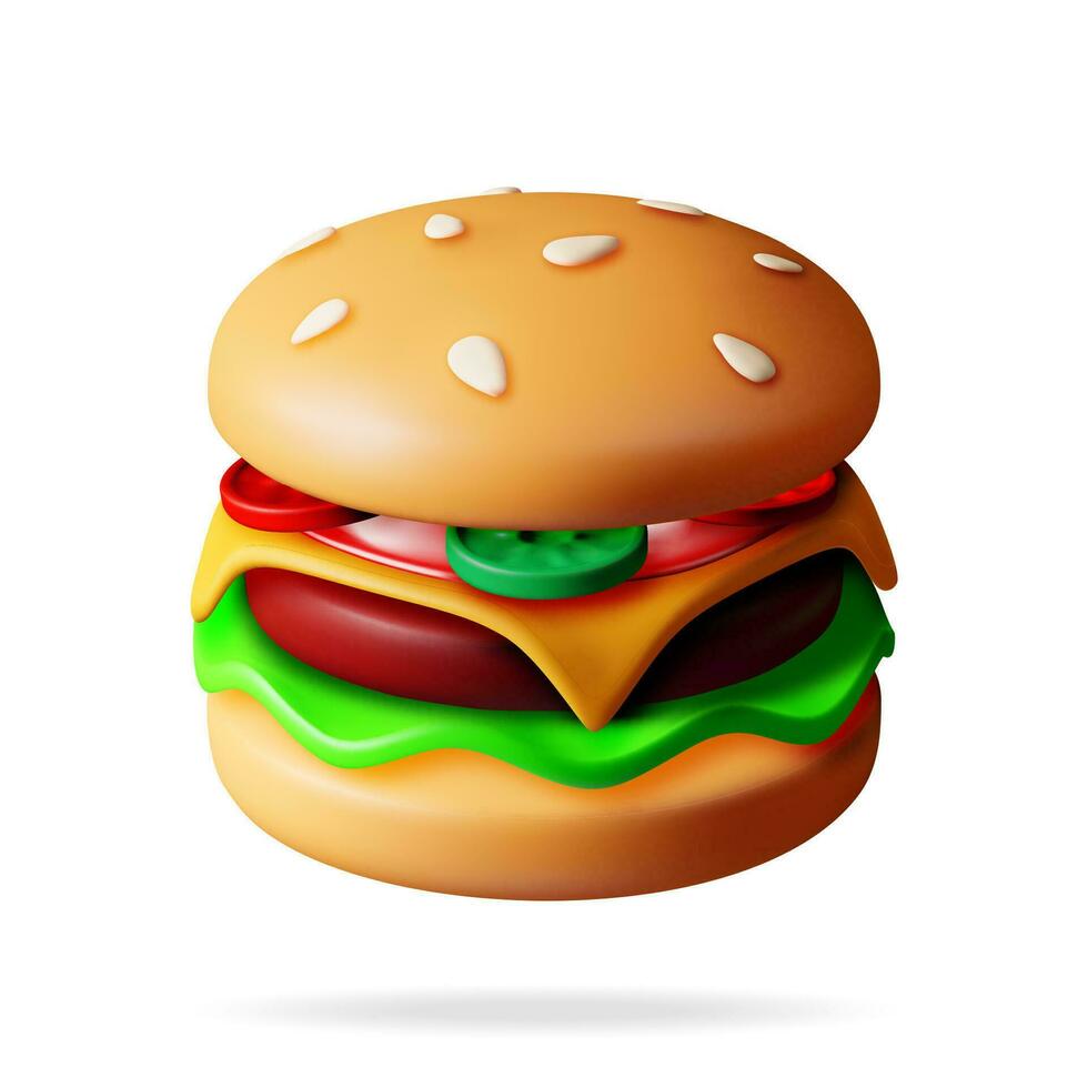 3d lecker Burger isoliert auf Weiß. machen Burger Symbol mit gesalzen Gurke, Salat, Tomate, Käse, Soße, Brötchen mit Sesam Saat und Rindfleisch Kotelett. Cheeseburger schnell Lebensmittel. realistisch Vektor Illustration.