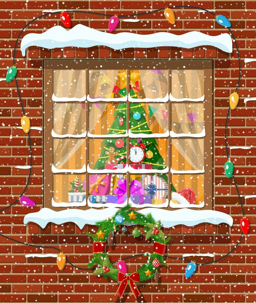 Weihnachten Fenster im Backstein Mauer. Leben Zimmer mit Tanne Baum und Geschenke. glücklich Neu Jahr Dekoration. fröhlich Weihnachten Urlaub. Neu Jahr und Weihnachten Feier. Vektor Illustration eben Stil