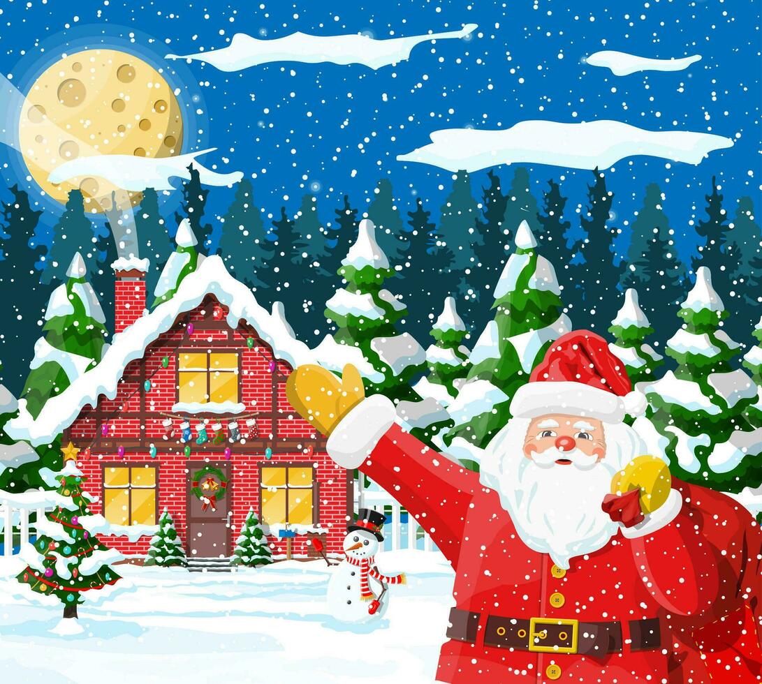 Weihnachten Hintergrund. Santa claus mit Tasche mit Geschenke. Winter Landschaft mit Tanne Bäume Wald und schneit. Dorf. glücklich Neu Jahr Feier. Neu Jahr Weihnachten Urlaub. Vektor Illustration eben Stil