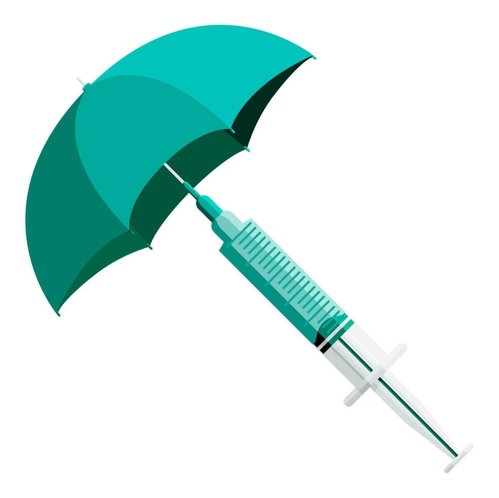 Regenschirm und Spritze mit Medikament. Coronavirus covid 19 Impfung Konzept. Injektion Spritze Nadeln. medizinisch Ausrüstung. Gesundheitspflege, Krankenhaus und medizinisch Diagnose. eben Vektor Illustration