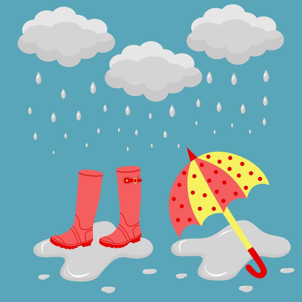 Gummistiefel und ein Regenschirm im Regen in einer Pfütze. Vorlagenbanner des Regenwetters. vektor