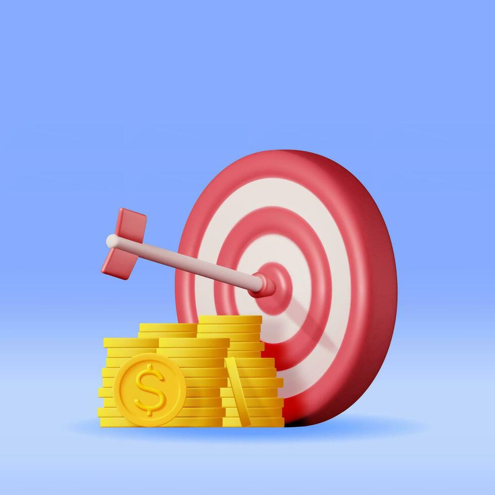 3d stackar av mynt och mål med pil isolerat. framställa dartboard med pil och gyllene pengar. företag eller finansiera mål begrepp. targeting publik. prestation och Framgång. vektor illustration