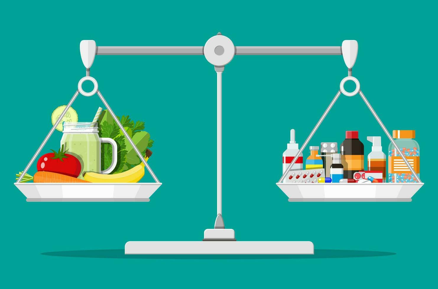 balans skalor med grönsaker och läkemedel. val mellan diet piller och friska mat. vektor illustration i platt stil
