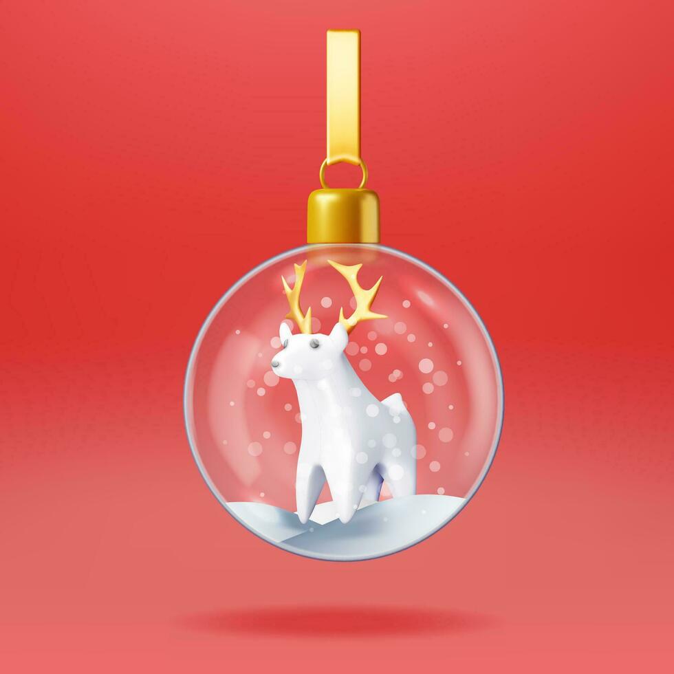3d jul glas boll struntsak med snö rådjur isolerat. framställa sfär glas leksak med ren. ny år dekoration. glad jul Semester. xmas firande. realistisk vektor illustration