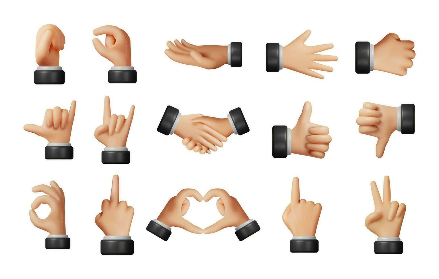 3d einstellen von realistisch Hände Gesten im Karikatur Stil. machen Mensch Hand zeigt an anders Gesten Symbole. Sammlung von Hand Zeichen. Liebe, zeigen, OK, Frieden, Daumen usw. Vektor Illustration