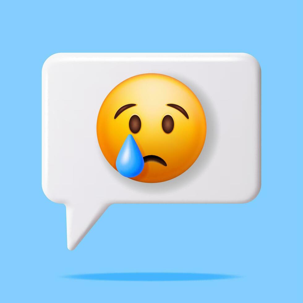 3d gul ledsen gråt uttryckssymbol i Tal bubbla isolerat. framställa gråta emoji med riva. olycklig ansikte. kommunikation, webb, social nätverk media, app knapp. realistisk vektor illustration