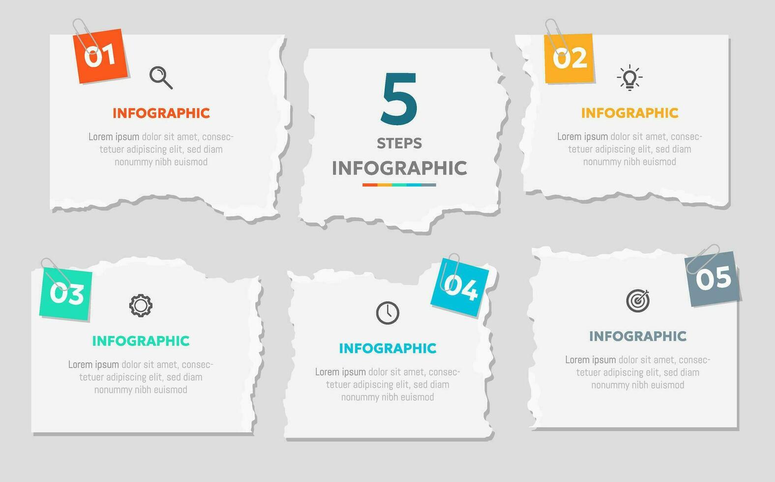 vektor illustration papper skära notera infographic mall med 5 alternativ eller steg ikoner.