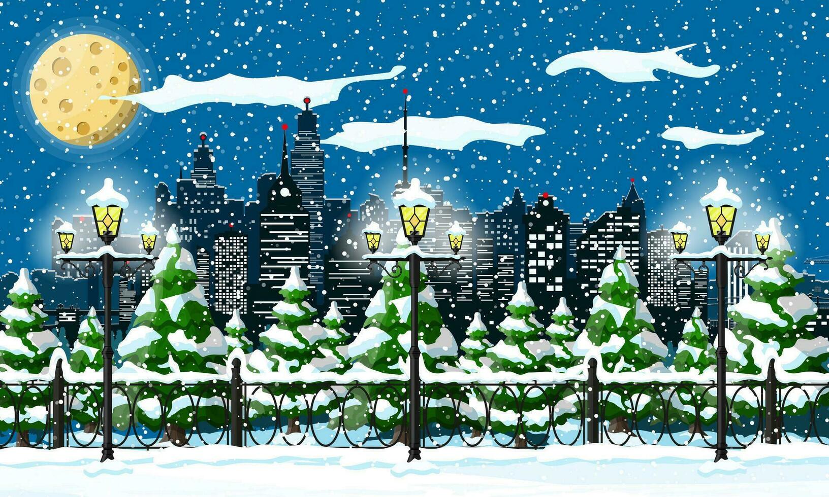 Weihnachten Winter Stadtbild, Schneeflocken und Bäume. Stadt Park Schnee Gasse und Gebäude. glücklich Neu Jahr Dekoration. fröhlich Weihnachten Urlaub. Neu Jahr und Weihnachten Feier. Vektor Illustration eben Stil