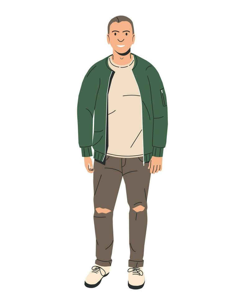 jung kaukasisch Mann im Bomber isoliert. stilvoll Weiß Kerl im Sommer- Jacke und Jeans. elegant lächelnd männlich Charakter im beiläufig Kleidung. Junge steht und lächelt. Karikatur eben Vektor Illustration