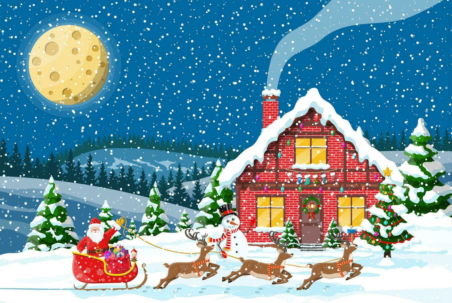 förorts hus täckt snö. byggnad i Semester prydnad. jul landskap träd, snögubbe, santa släde renar. ny år dekoration. glad jul Semester xmas firande. vektor illustration