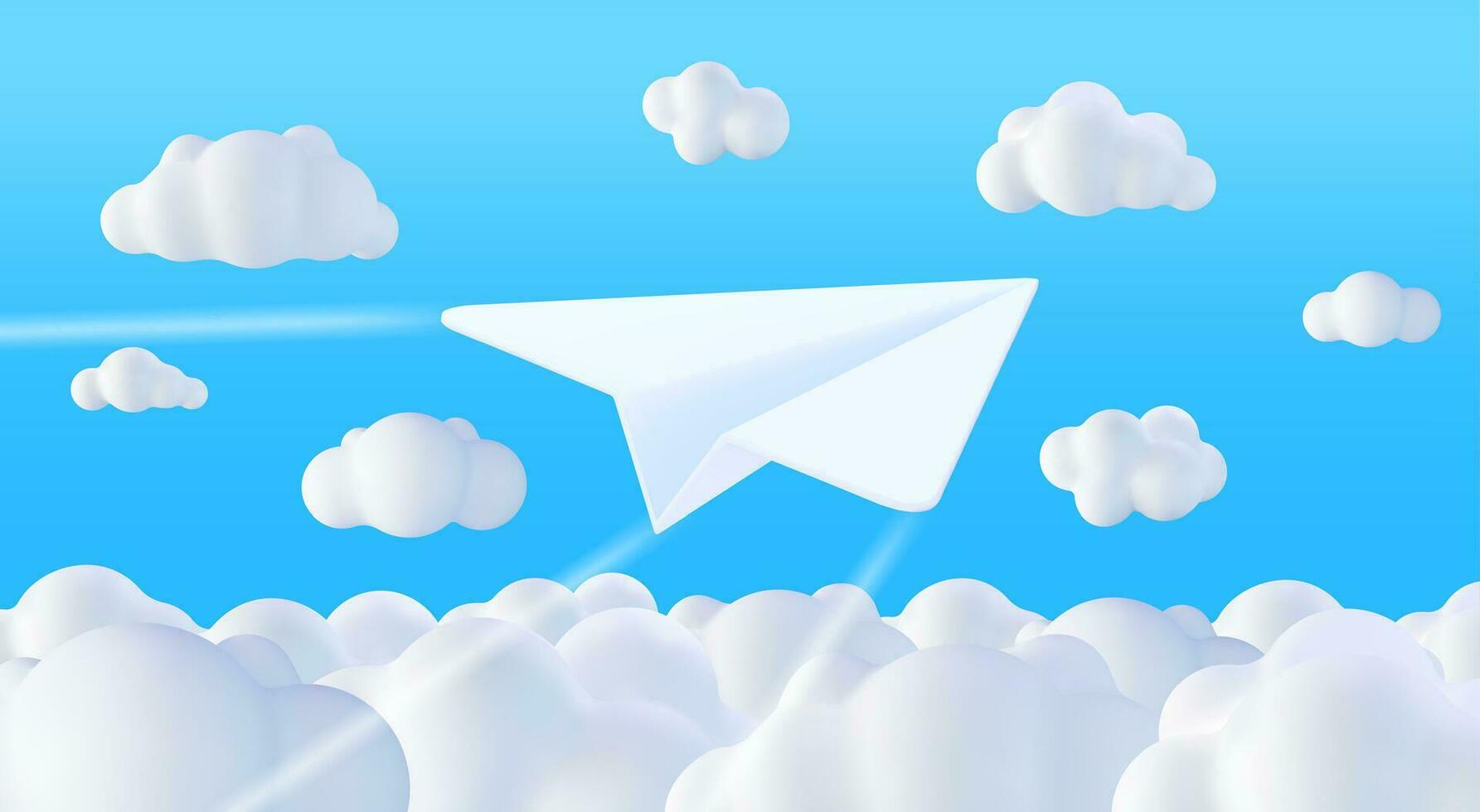 3d Weiß Papier Flugzeug im Himmel mit Wolken. machen gefaltet Papier in gestalten von Flugzeug Symbol. Origami gefaltet Spielzeug Luft Ebene. Transport Lieferung, Internet Mail und Nachrichtenübermittlung Symbol. Vektor Illustration