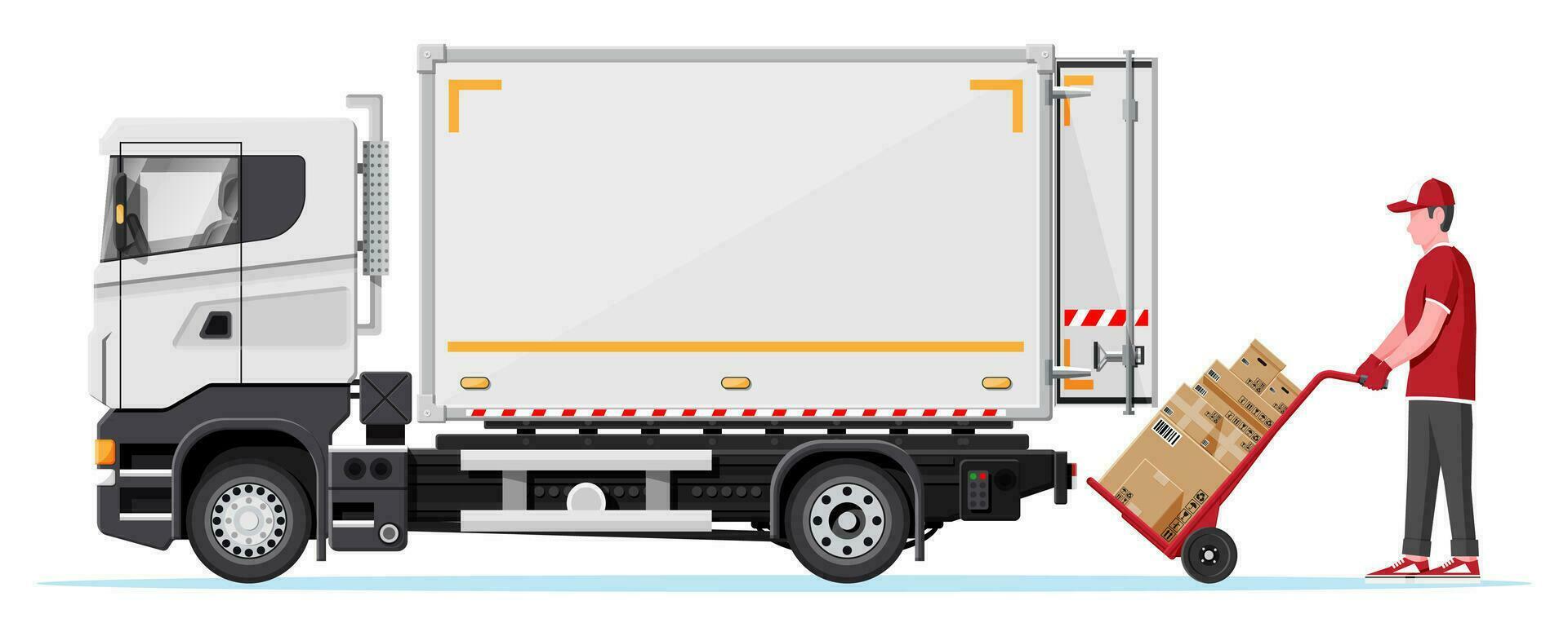 leverans skåpbil full av kartong lådor isolerat på vit. uttrycka leverera tjänster kommersiell lastbil. begrepp av snabb och fri leverans förbi bil. frakt och logistik. tecknad serie platt vektor illustration