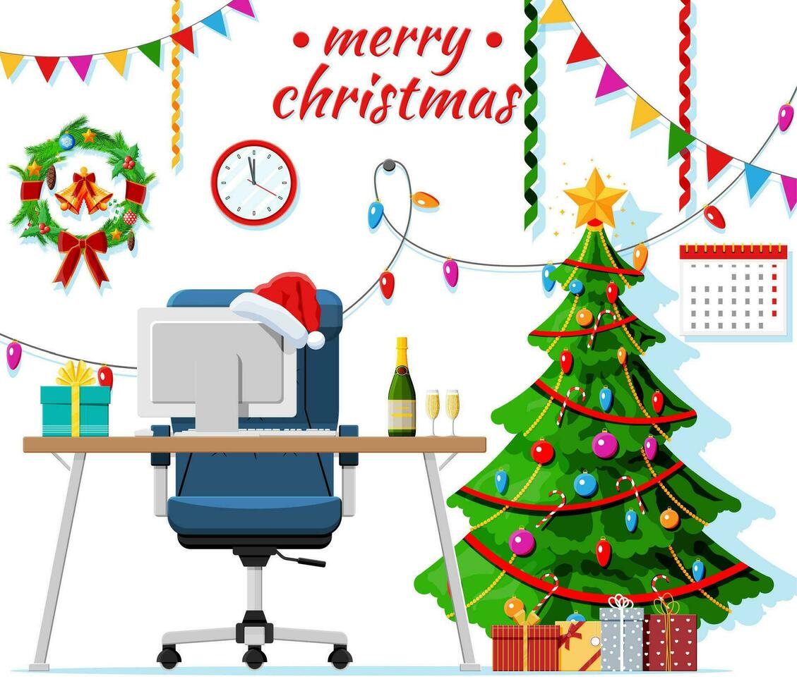 jul och ny år kontor skrivbord arbetsyta interiör. gåva låda, jul träd, stol, dator pc, klockor. ny år dekoration. glad jul Semester xmas firande. vektor illustration