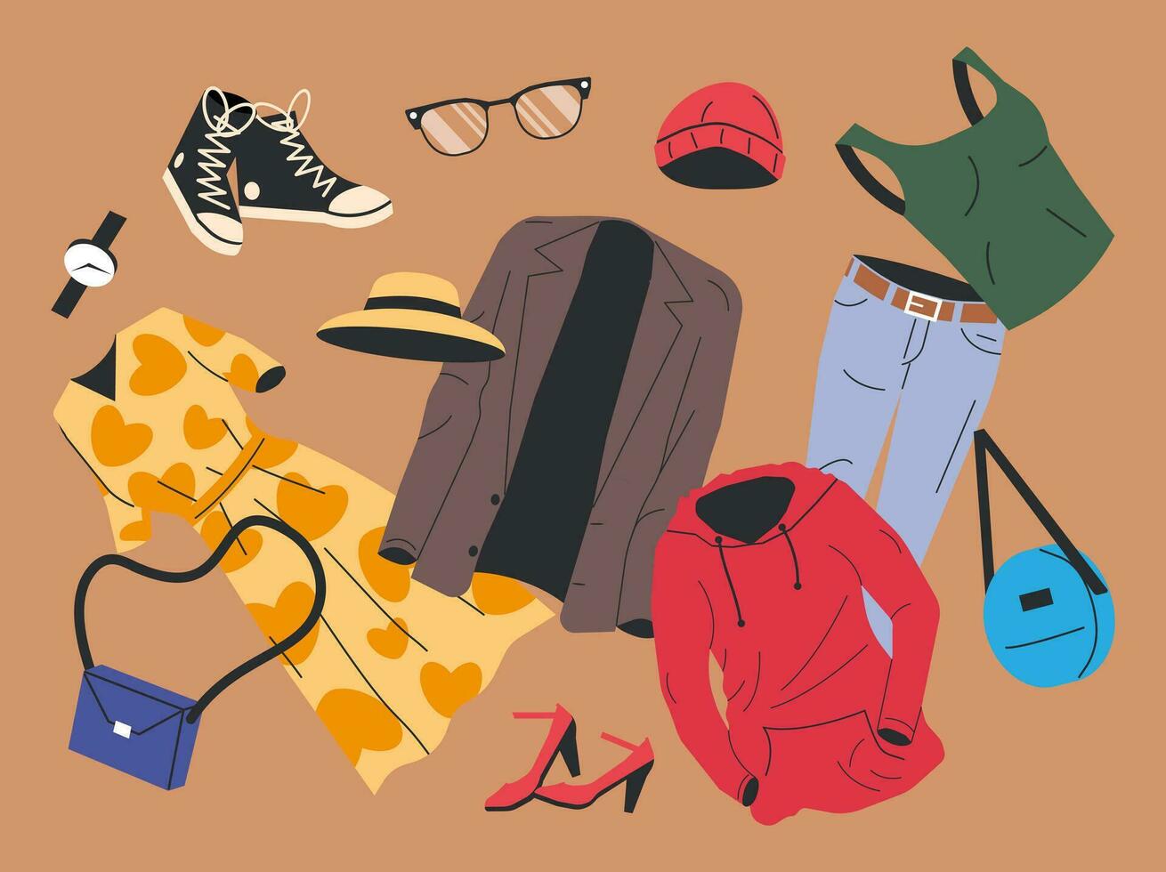 Sammlung von Frau Kleiderschrank. einstellen von weiblich Kleider und Zubehör Symbole. verschiedene Mädchen Kleidung. Jacke, Schuhe, Shirt, Hose, Uhren, Brille, Hut. Karikatur eben Vektor Illustration