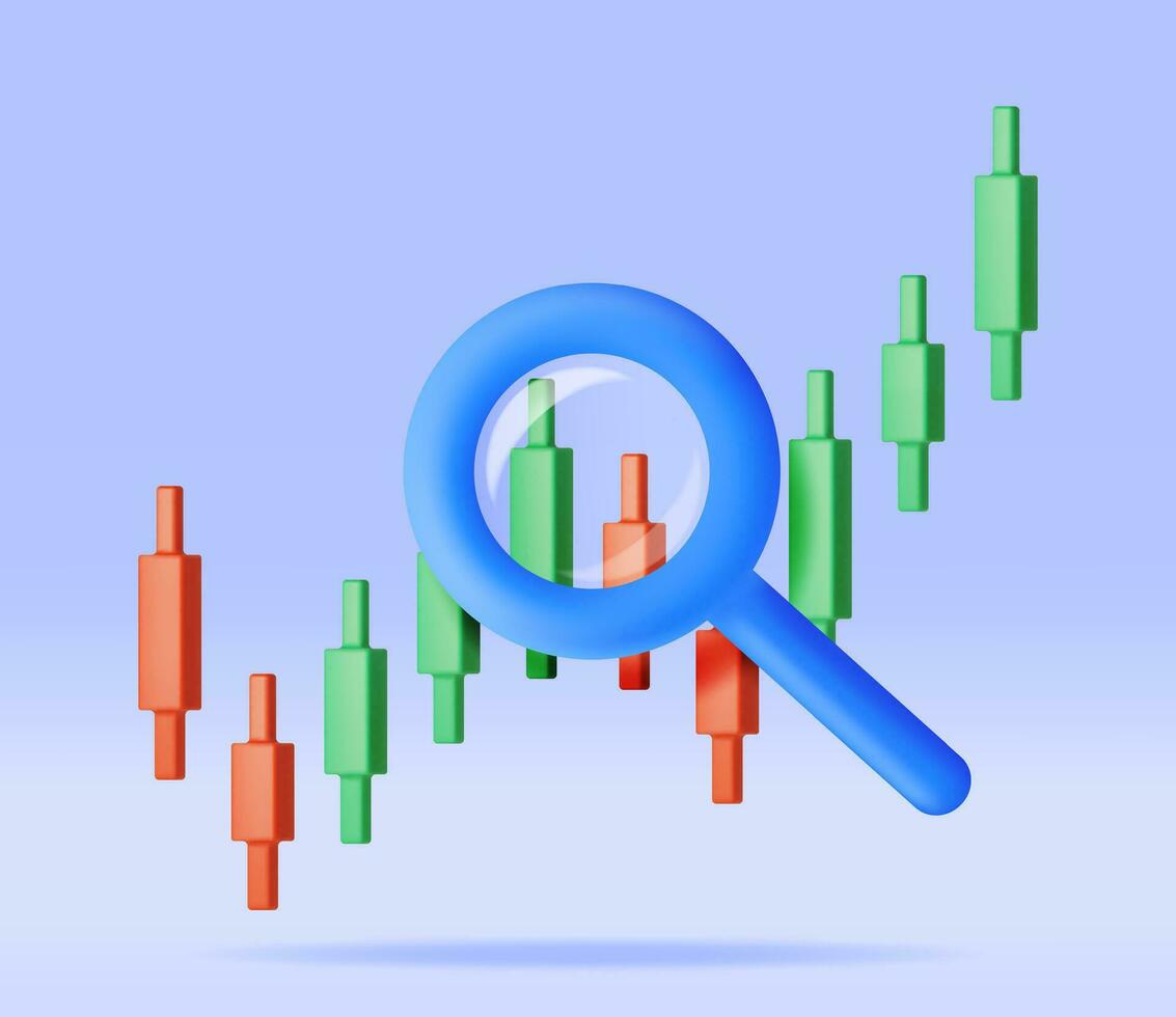 3d Lager Kerze mit Vergrößerung Glas isoliert. machen Lager Riegel zeigt an Wachstum oder Erfolg. finanziell Daten Analyse, Geschäft Forschung, finanziell Markt handeln. Geld und Banken. Vektor Illustration