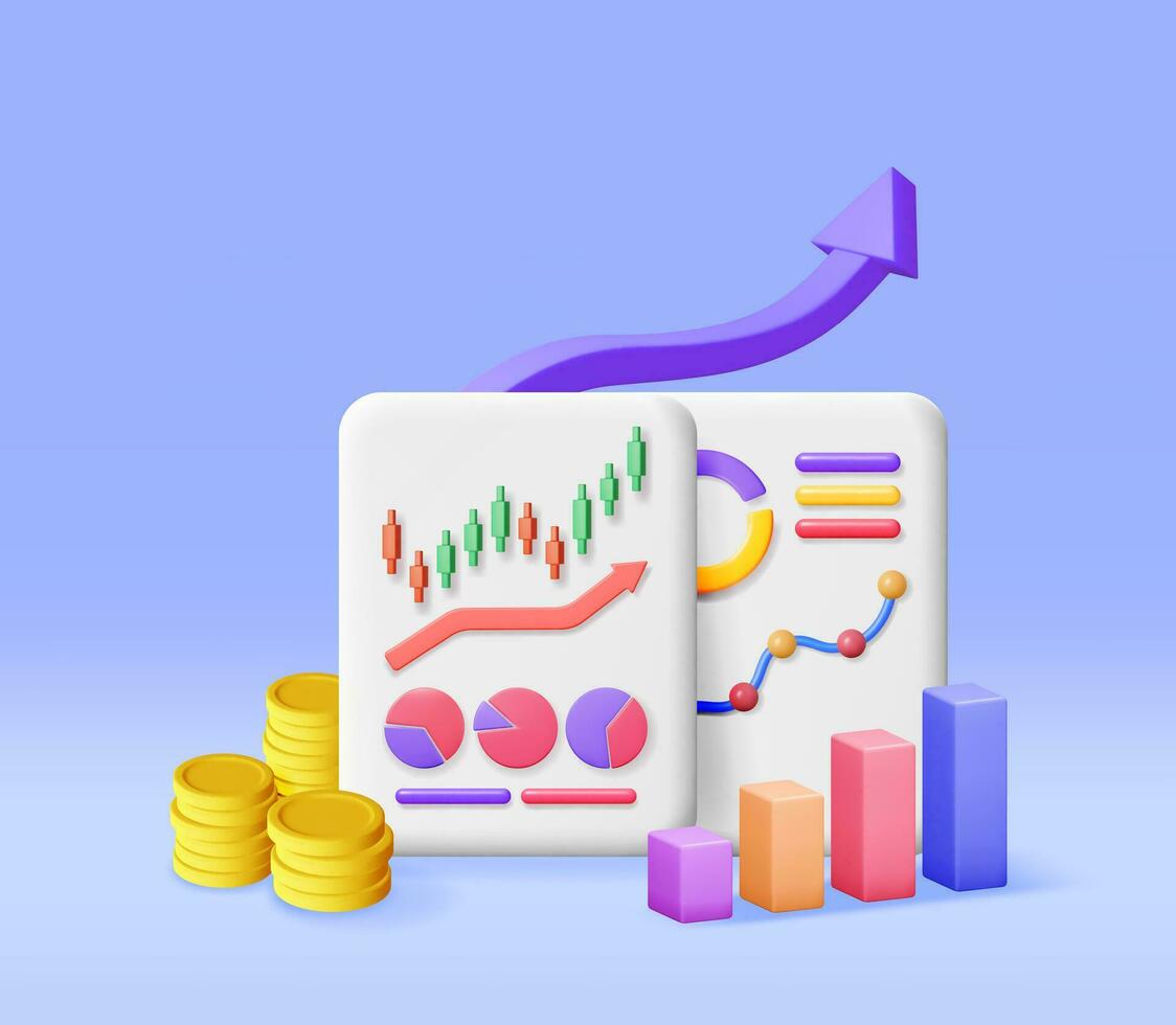 3d finanziell Berichte mit Kasse Geld und Diagramm. machen Lager Kuchen zeigt an Wachstum. finanziell Daten Analyse, Geschäft Forschung, finanziell Markt handeln. Geld und Banken. Vektor Illustration