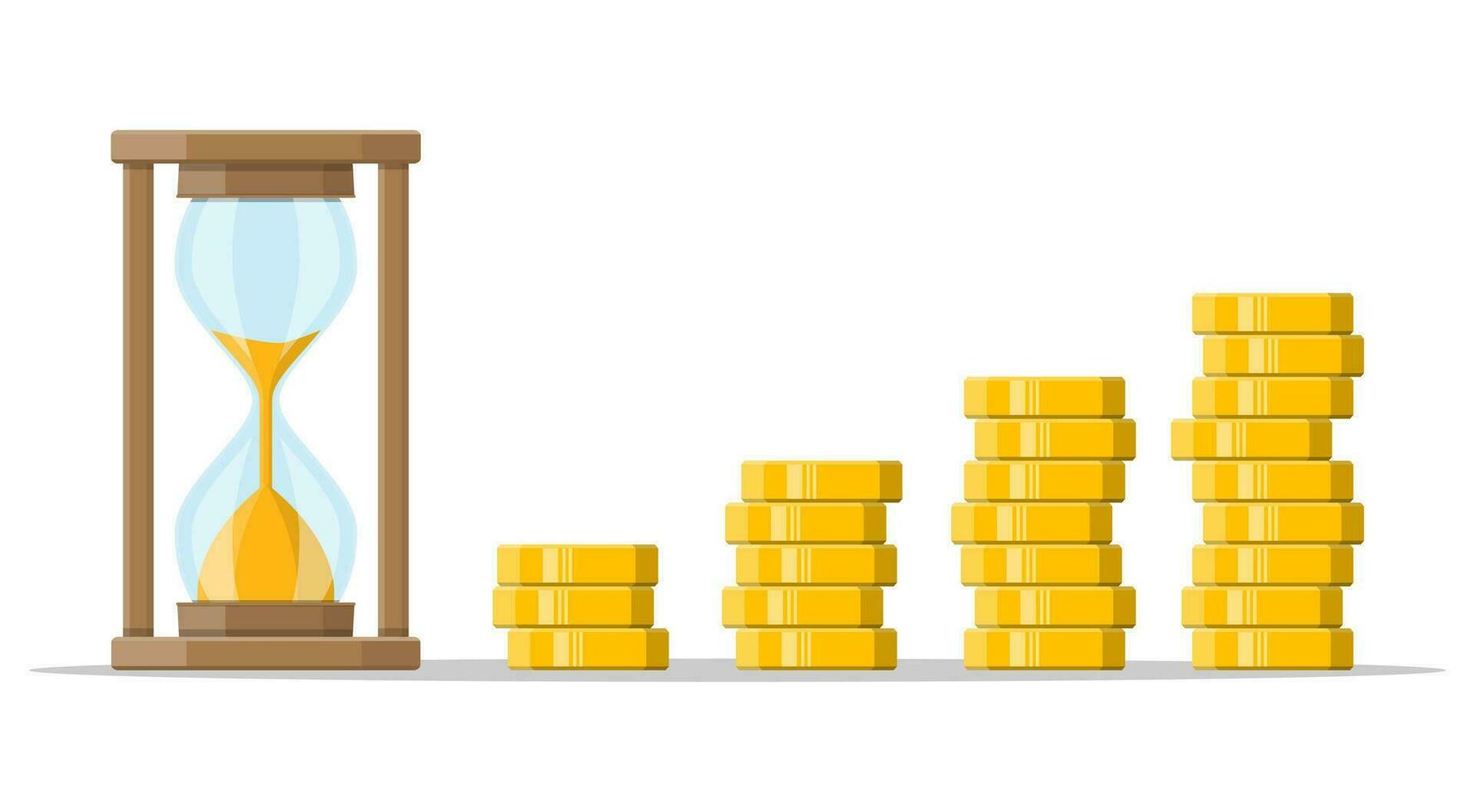 Stapel von Gold Münzen und Sanduhr Uhr. Rückkehr auf Investition, Gold Münze zunehmend Diagramm. Wachstum, Einkommen, Ersparnisse, Investition. Symbol von Vermögen. Geschäft Erfolg. eben Stil Vektor Illustration.