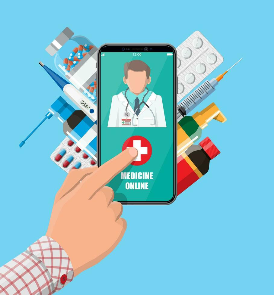 Handy, Mobiltelefon Telefon mit Internet Apotheke Einkaufen App. Tabletten und Flaschen, Medizin online. medizinisch Hilfe, Hilfe, Unterstützung online. Gesundheit Pflege Anwendung auf Smartphone. Vektor Illustration im eben Stil