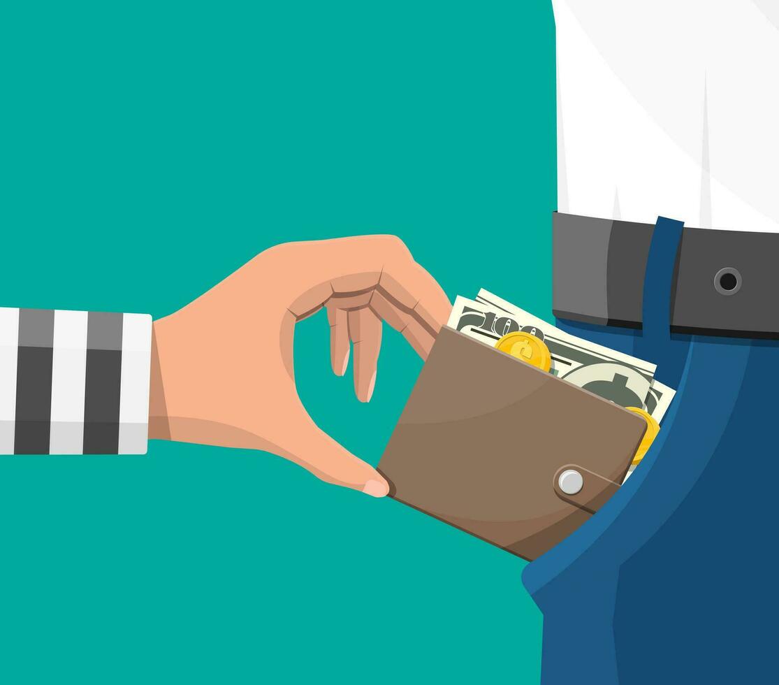 mänsklig hand i fängelse morgonrock tar pengar kontanter från ficka. tjuv ficktjuv stjäla dollar sedlar från jeans. brottslighet och rån begrepp. platt vektor illustration