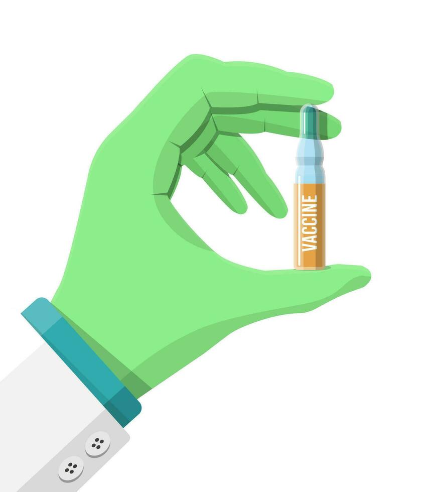 Arzt trägt Gummi Handschuhe und halt Impfstoff Flasche im Hand. Impfung Konzept. Ampulle Medizin mit Flüssigkeit im Flasche. Glas Phiole mit Arzneimittel. Gesundheitspflege, medizinisch Diagnose. eben Vektor Illustration