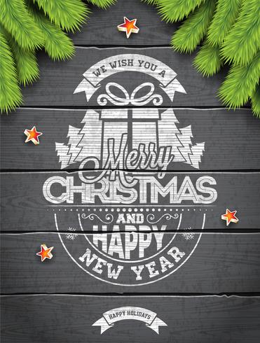Vektor God jul helgdag och gott nytt år illustration med typografisk design och snöflingor på vintage trä bakgrund.