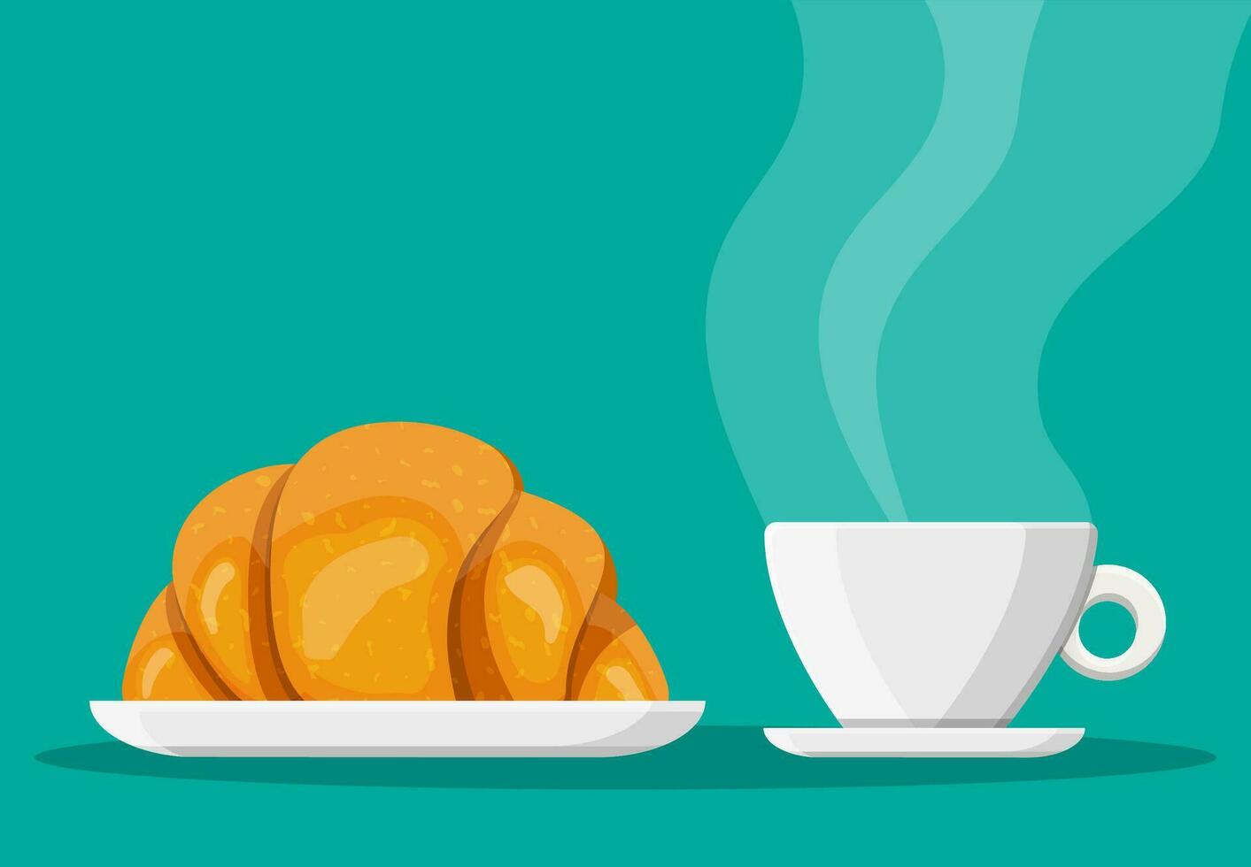 Kaffee Tasse und Französisch Croissant. Kaffee heiß trinken. Konzept zum Cafe, Restaurant, Speisekarte, Nachspeisen, Bäckerei. Frühstück Sicht. Vektor Illustration im eben Stil