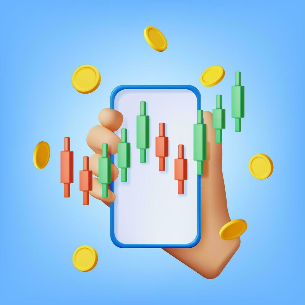 3d tillväxt stock diagram på mobil telefon. framställa stock ljus på smartphone visar tillväxt eller Framgång. finansiell Artikel, företag investering, finansiell marknadsföra handel. pengar och bankverksamhet. vektor illustration