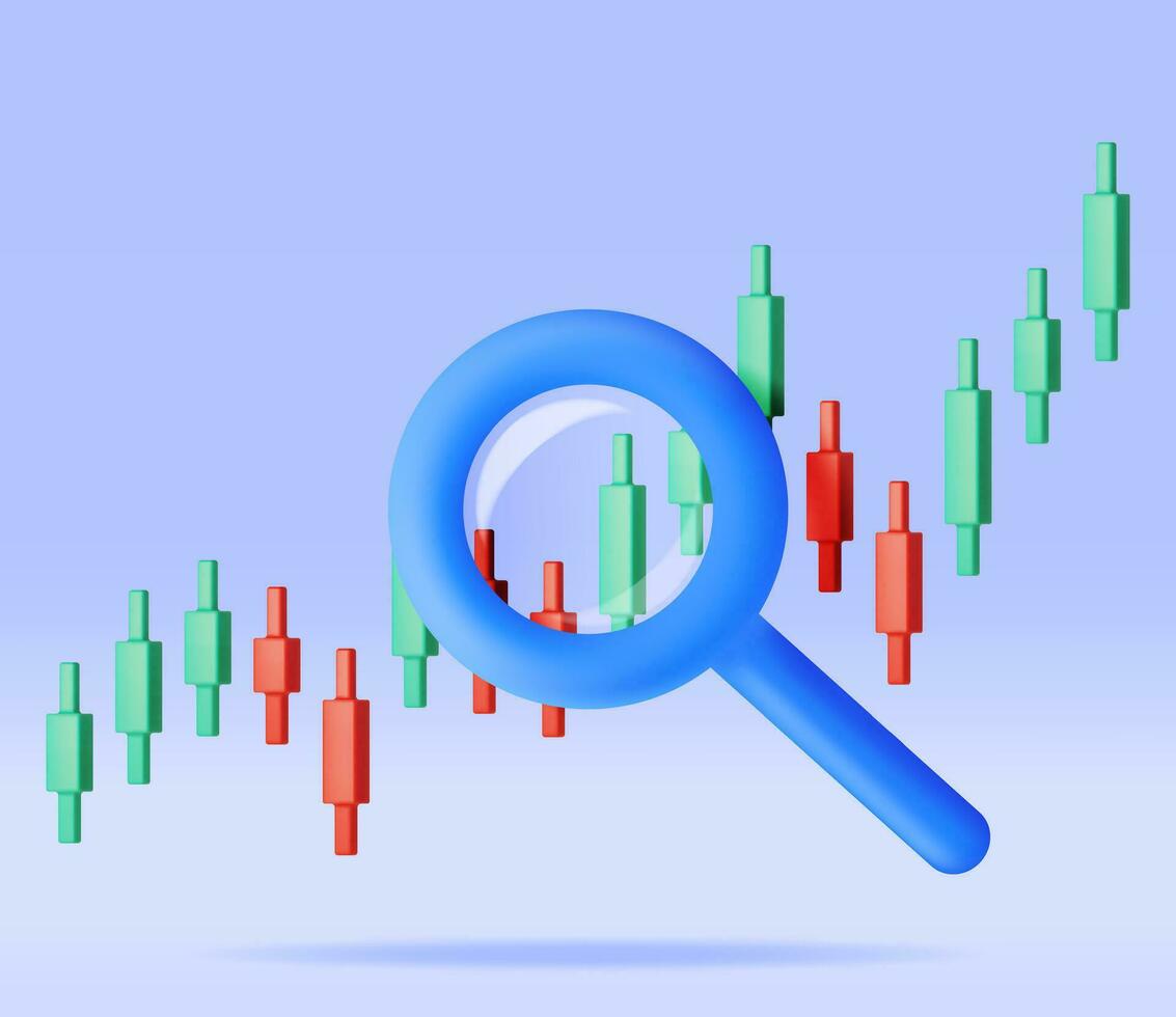 3d Lager Kerze mit Vergrößerung Glas isoliert. machen Lager Riegel zeigt an Wachstum oder Erfolg. finanziell Daten Analyse, Geschäft Forschung, finanziell Markt handeln. Geld und Banken. Vektor Illustration