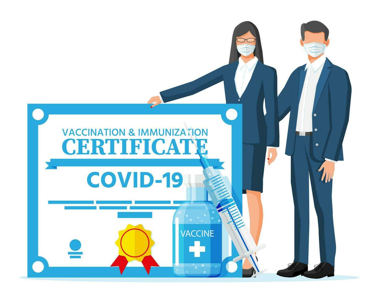 människor Bakom covid-19 vaccination pass. vaccinerade hälsa dokumentera som bevis person är immun till sjukdom. coronavirus immun passera. korona virus vaccin certifiering. platt vektor illustration