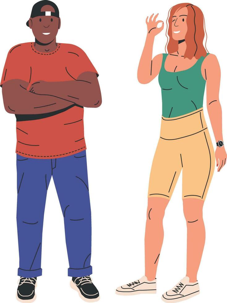 Fitness Paar isoliert auf Weiß. Fitness Modell- und Bodybuilder. modisch passen Mann und Frau. afrikanisch amerikanisch muskulös männlich und kaukasisch schlank weiblich Sport Figuren. Karikatur eben Vektor Illustration