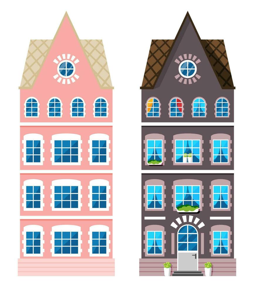 Wohn Haus Symbol im Niederländisch Stil. Amsterdam alt Gebäude isoliert auf Weiß. historisch Fassade mit Fenster, Tür, Blumen und Vorhänge. die Architektur von Niederlande. Karikatur eben Vektor Illustration