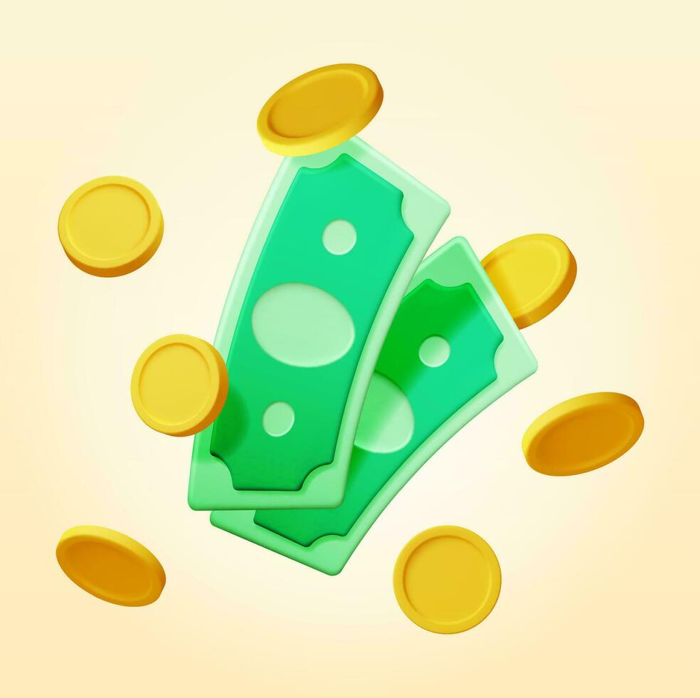 3d dollar sedel och guld mynt ikon isolerat. amerikan dollar papper gyllene pengar framställa. grön pengar tecken. tillväxt, inkomst, besparingar, investering. symbol av rikedom företag Framgång. vektor illustration