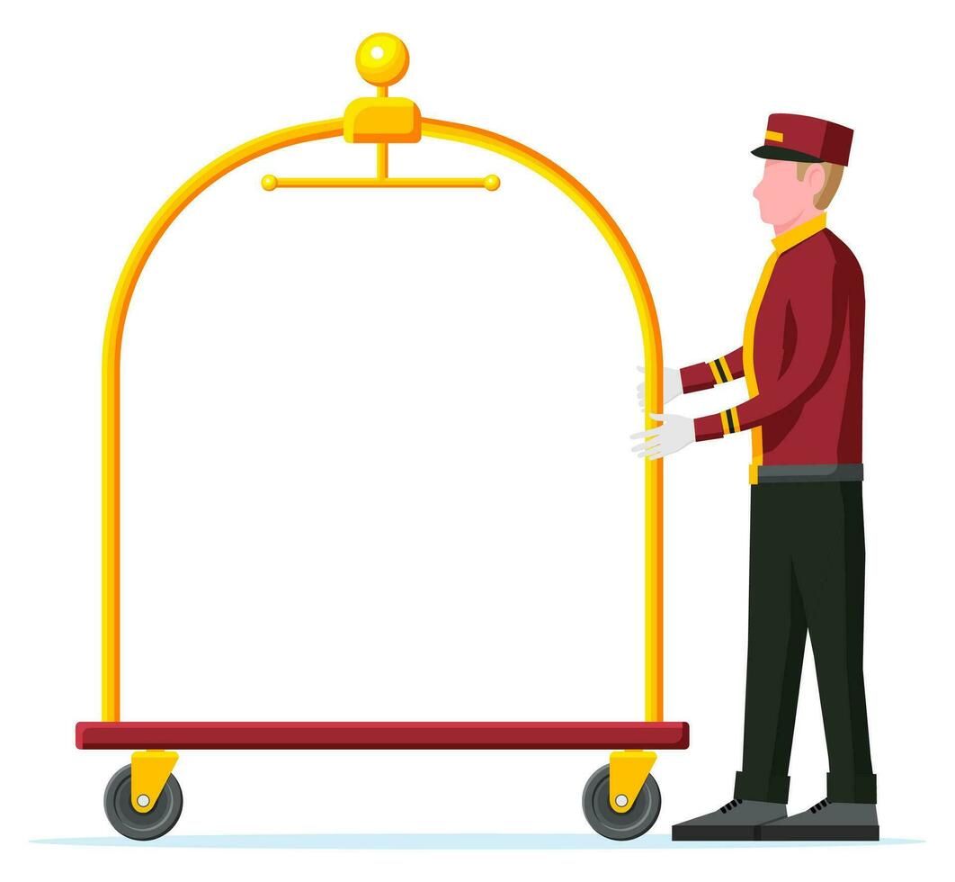 tömma hotell bagage vagn och piccolo karaktär. bellboy arbetstagare med hotell bagage vagn utan påsar isolerat. säckkärra för transport i hotell. semester och resa. platt vektor illustration