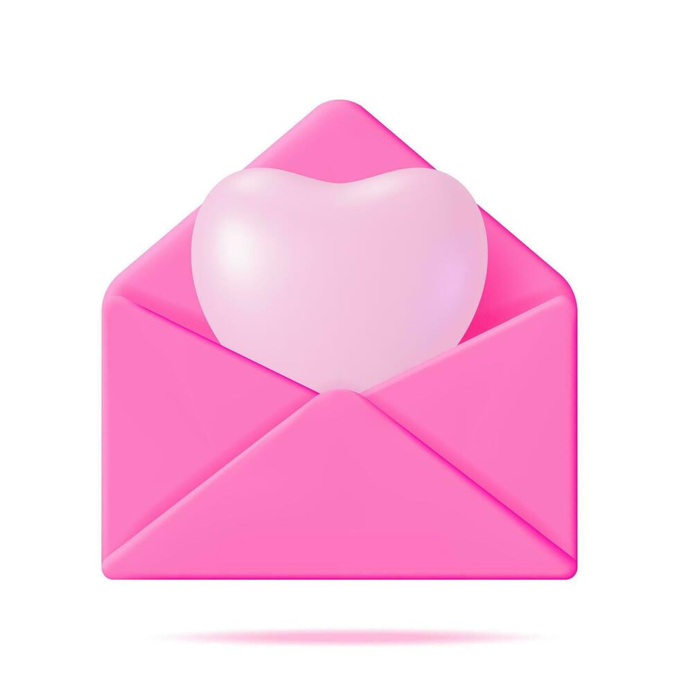 3d öffnen Briefumschlag Brief mit Weiß Herz isoliert. machen Rosa Mail mit Herz innen. Liebe Symbol. Romantik, Hingabe, Hochzeit, Valentinstag Tag Feier Dekoration Karte. realistisch Vektor Illustration