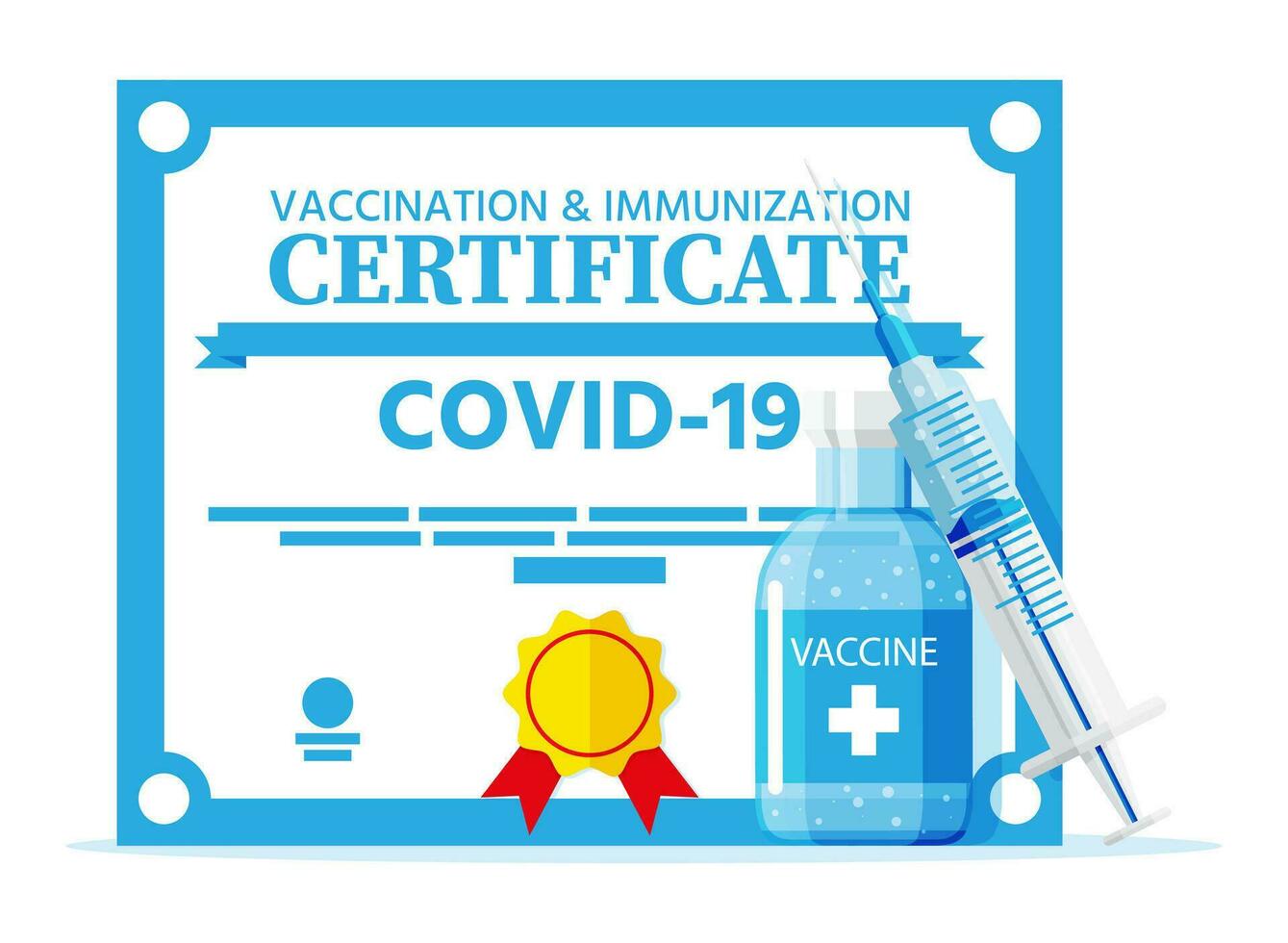 covid-19 vaccination pass. vaccinerade hälsa dokumentera som bevis person är immun till sjukdom. coronavirus immun passera, spruta. korona virus vaccin certifiering begrepp. platt vektor illustration