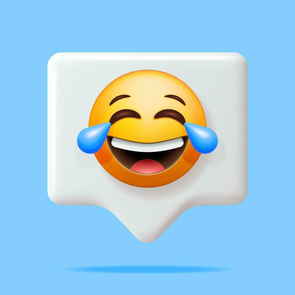 3d Gelb Lachen Emoticon mit Tränen im Plaudern Blase. machen Lachen zu Tränen lächelnd Emoji. glücklich viele von Lachen Gesicht Lol. Kommunikation, Netz, Sozial Netzwerk Medien, App Taste. Vektor Illustration