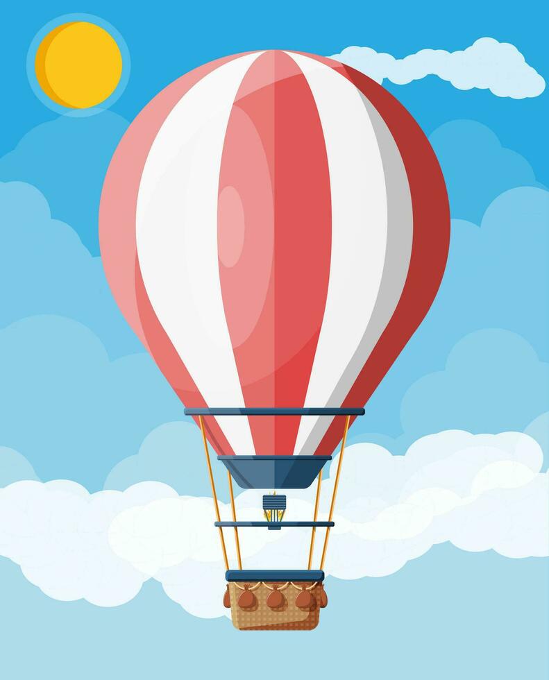 heiß Luft Ballon im das Himmel mit Wolken und Sonne. Jahrgang Luft Transport. Aerostat mit Korb. eben Vektor Illustration