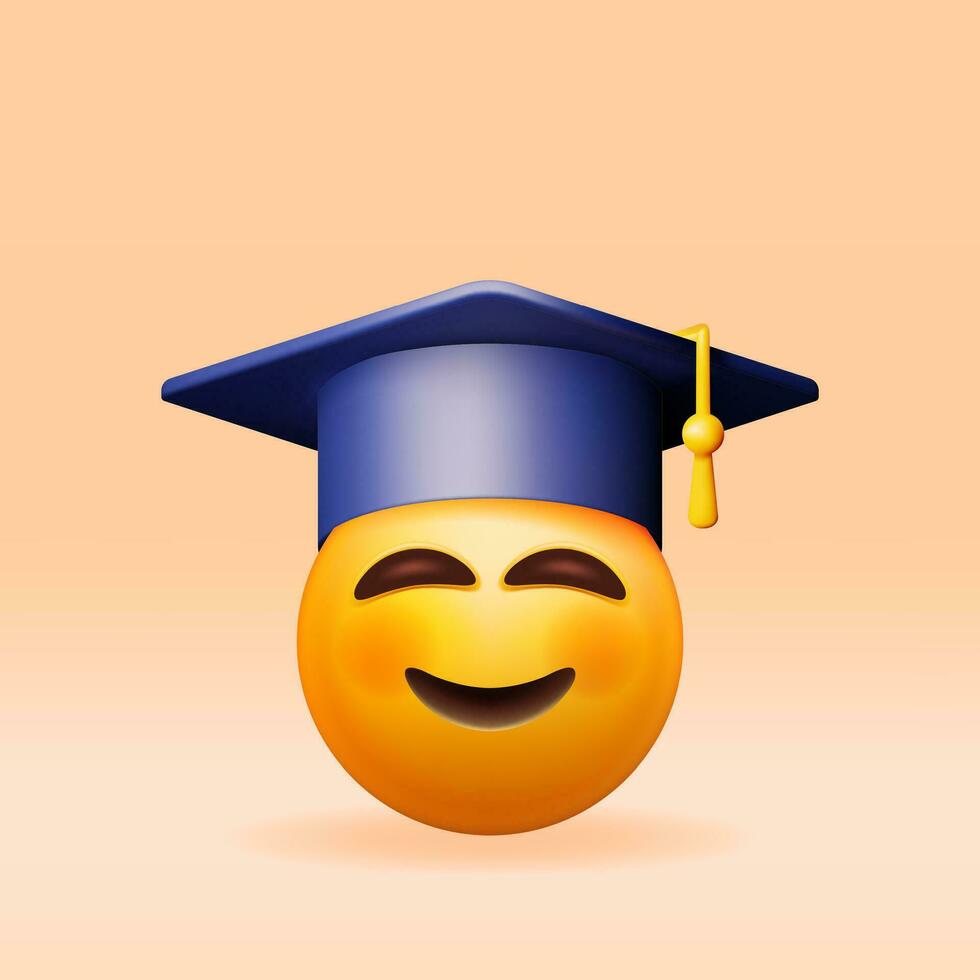 3d Lycklig leende uttryckssymbol i examen keps isolerat. framställa leende studerande i gradering hatt. mortarboarden hatt med tofs. utbildning, grad ceremoni begrepp. vektor illustration