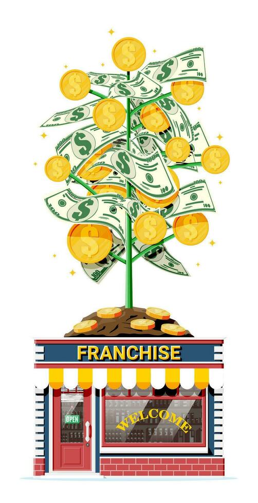 framgångsrik franchise företag med pengar träd. franchising affär byggnad eller kommersiell fast egendom. verklig egendom företag reklam, sme. försäljning uppköp ny företag. platt vektor illustration