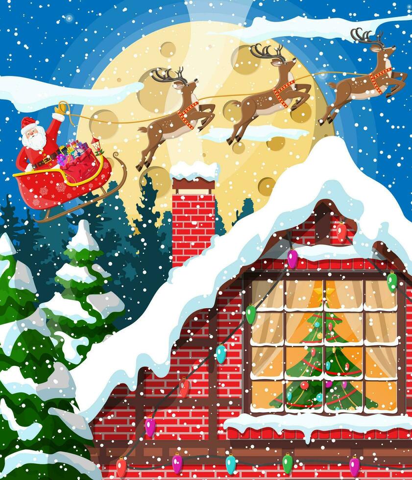 Vorort- Haus bedeckt Schnee. Gebäude im Urlaub Ornament. Weihnachten Landschaft Baum, Santa Schlitten Rentiere. Neu Jahr Dekoration. fröhlich Weihnachten Urlaub Weihnachten Feier. Vektor Illustration