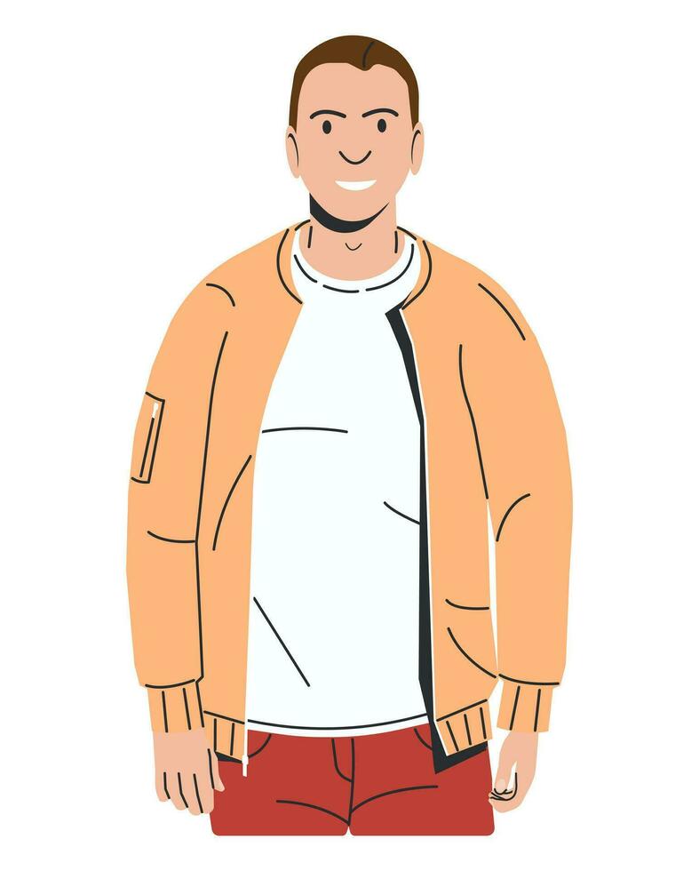 jung kaukasisch Mann im Bomber isoliert. stilvoll Weiß Kerl im Sommer- Jacke und Jeans. elegant lächelnd männlich Charakter im beiläufig Kleidung. Junge steht und lächelt. Karikatur eben Vektor Illustration