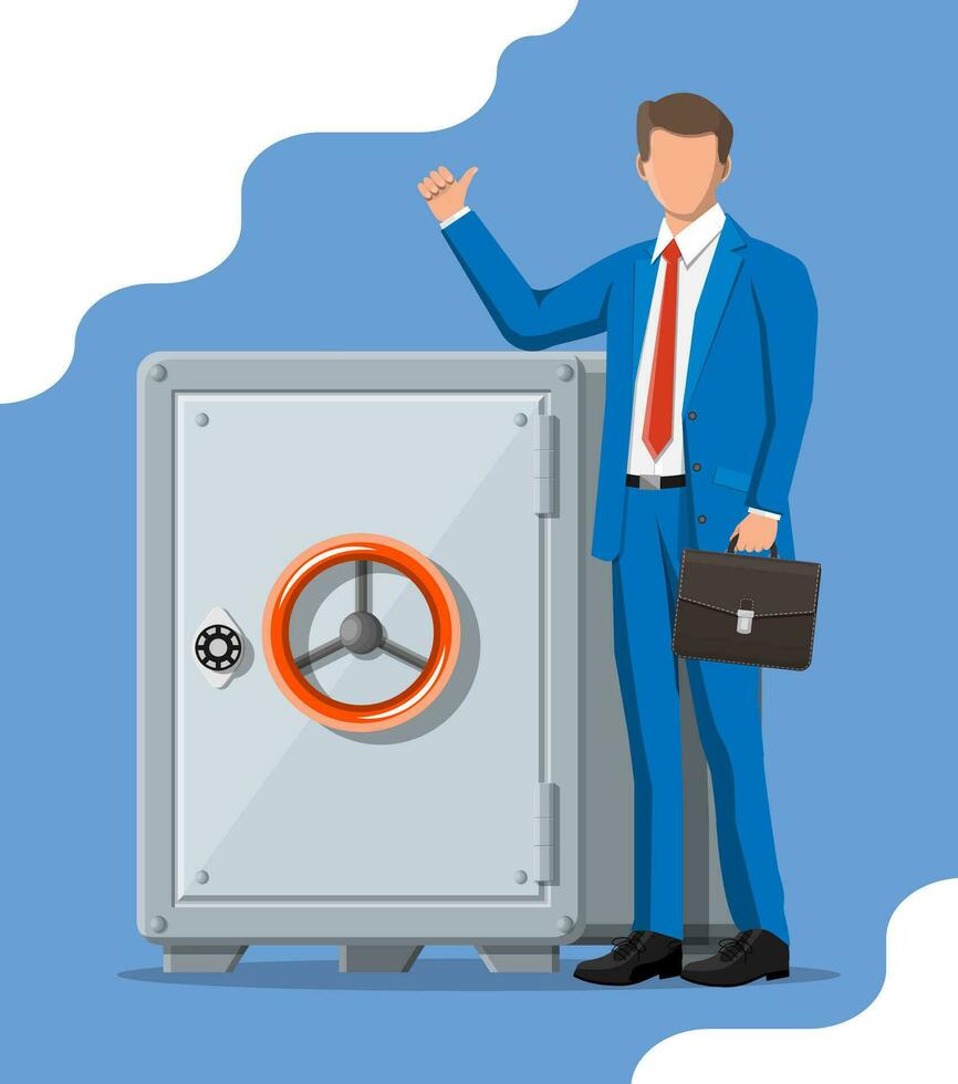 Geschäftsmann und metallisch sicher Box mit geschlossen Tür zum Geld. Bank Gewölbe Sicherheit, Anzahlung Lagerung, Kasse Sicherheit Safe. Vektor Illustration im eben Stil