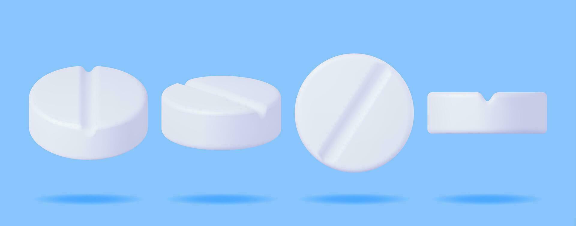 3d klassisch Tabletten von anders Winkel Sammlung isoliert. machen runden Tablets Satz. Pille zum Krankheit und Schmerzen Behandlung. medizinisch Arzneimittel, Vitamin, Antibiotikum. Gesundheitswesen Apotheke. Vektor Illustration